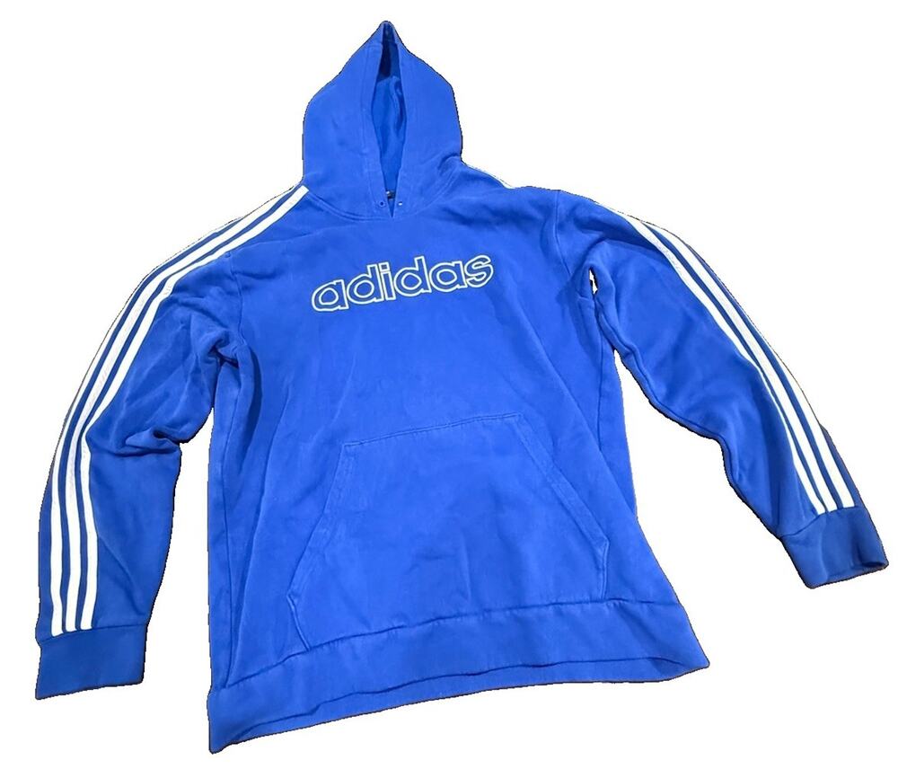 Adidas Hoodie Mens L Blue 3 Stripe Pullover Fleece Logo Sweatshirt Casual